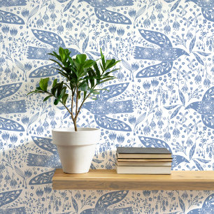 Doves and Flowers Blue and White Bird Art Wallpaper