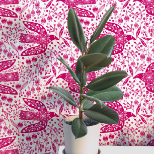 Doves and Flowers Magenta Pink and White Bird Art Wallpaper