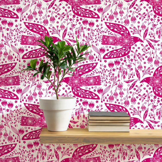 Doves and Flowers Magenta Pink and White Bird Art Wallpaper (Doves and flowers bird art peel and stick wallpaper)
