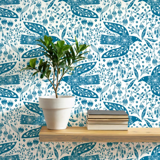 Doves and Flowers Teal and White Bird Art Wallpaper (Doves and flowers bird art peel and stick wallpaper)