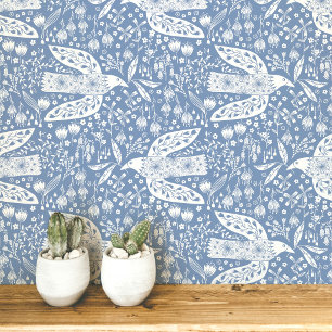 Doves and Flowers White on Dusty Blue Bird Art Wallpaper