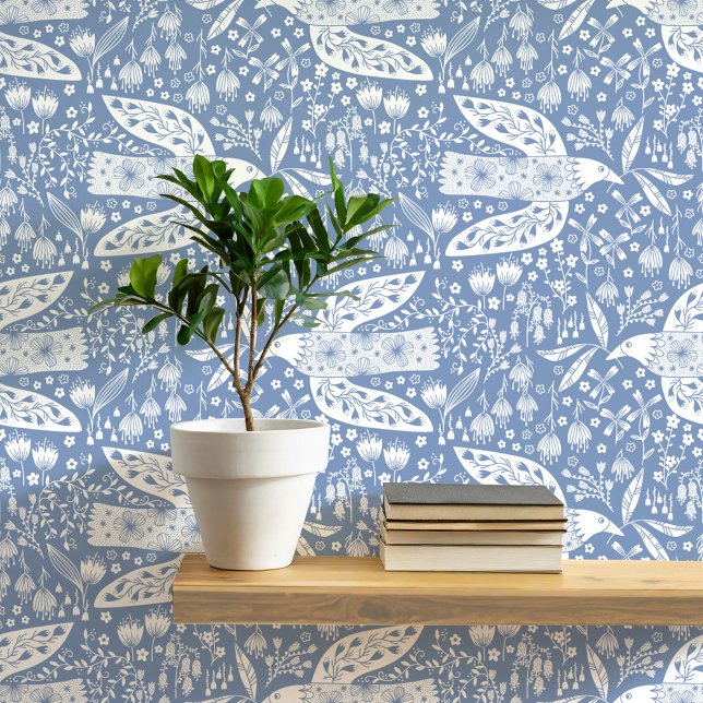 Doves and Flowers White on Dusty Blue Bird Art Wallpaper (Doves and flowers botanical folk art style peel and stick wallpaper)