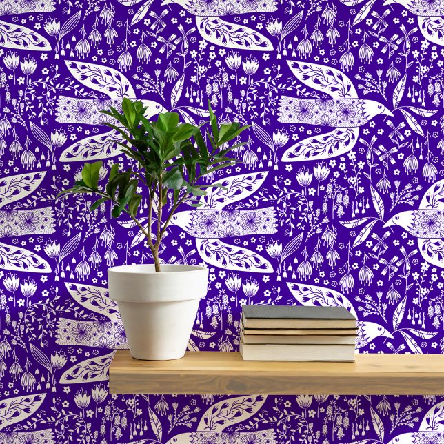 Doves and Flowers White on Purple Bird Art Wallpaper (Doves and Flowers pretty folk art style bird and botanical floral pattern peel and stick wallpaper)