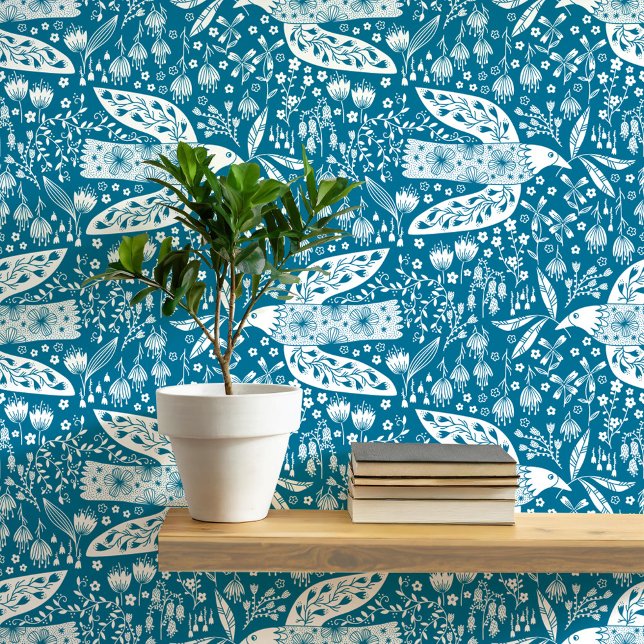 Doves and Flowers White on Teal Green Bird Art Wallpaper (Doves and Flowers pretty folk art style bird and botanical floral pattern peel and stick wallpaper)