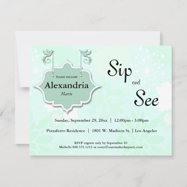 Doves And Mint Green Sip And See Baby Invite (Front)