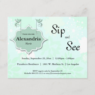 Doves And Mint Green Sip And See Baby Invite