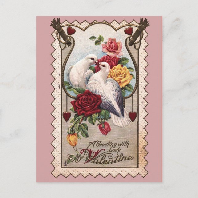 Doves and Roses on Pink Victorian Valentine Card (Front)