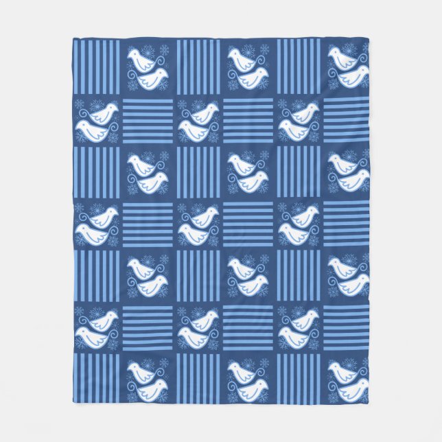 Doves and Snow Winter Blue Fleece Blanket (Front)