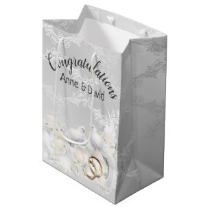 Doves and Wedding Rings On White Satin Damask Medium Gift Bag