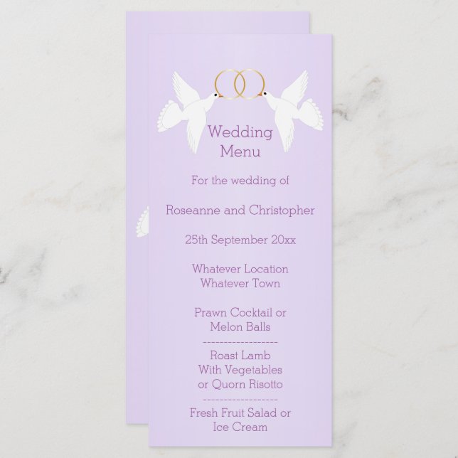 Doves Design Lilac Coloured Wedding Menu (Front/Back)