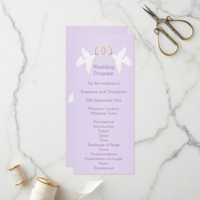 Doves Design Lilac Coloured Wedding Programme (Front/Back In Situ)