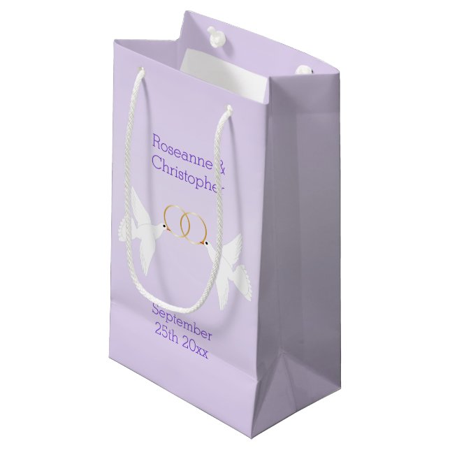 Doves Design Lilac Coloured Wedding Small Gift Bag (Front Angled)