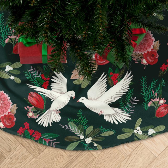 Doves floral Christmas green Brushed Polyester Tree Skirt (Creator Uploaded)