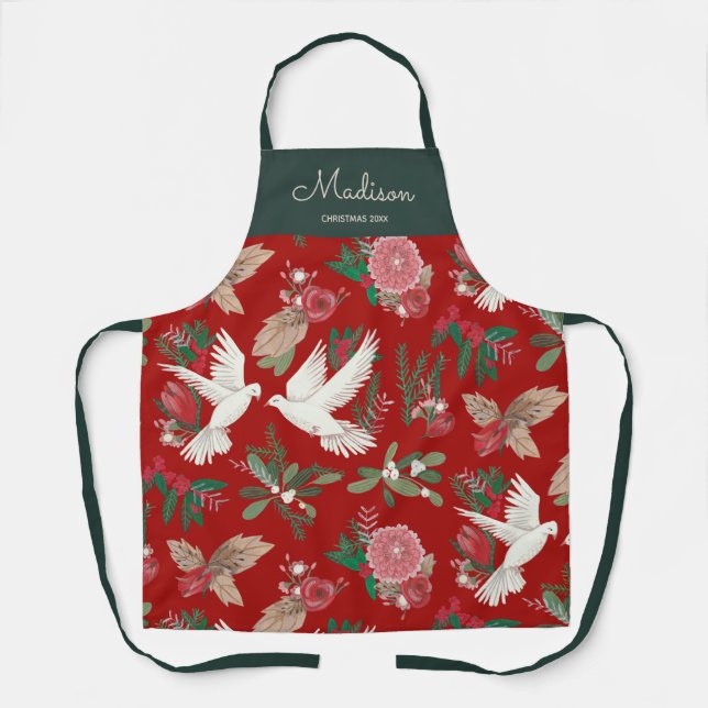 Doves floral Christmas red Apron (Front)