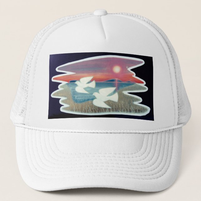 Doves Flying Landscape Scene Trucker Hat (Front)