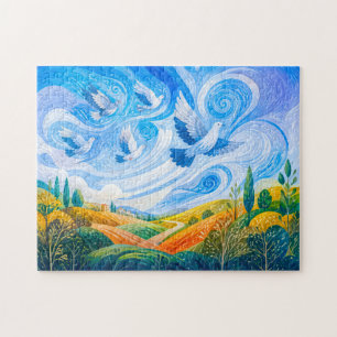 Doves gliding in wind over hillside outskirts jigsaw puzzle