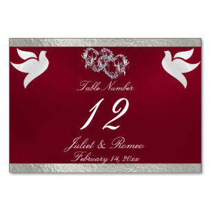 Doves & Heart - Burgundy/Silver Table Number