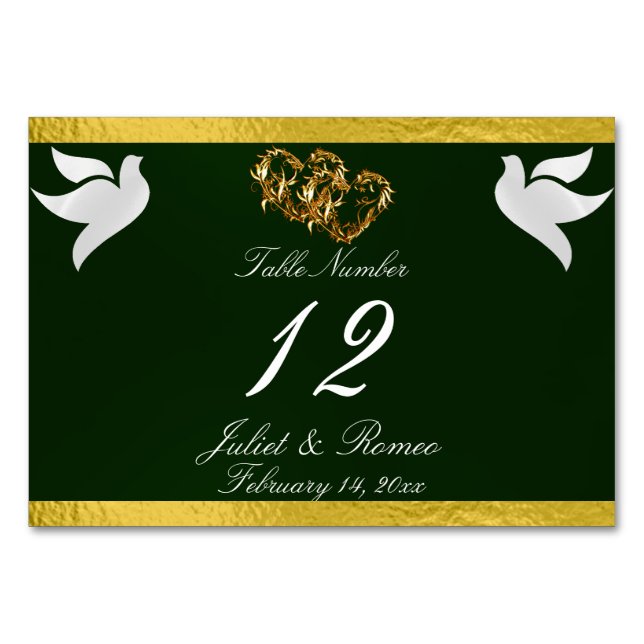 Doves & Heart - Emerald/Gold Table Number (Front)