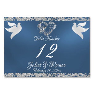 Doves, Heart & Glitter - Blue Table Number
