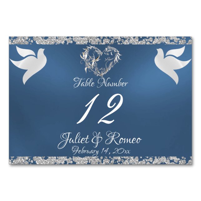 Doves, Heart & Glitter - Blue Table Number (Front)
