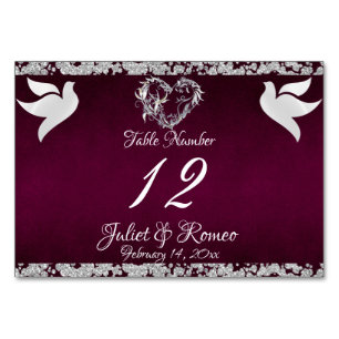 Doves, Heart & Glitter - Plum Table Number