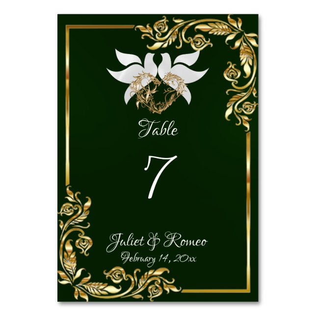 Doves, Heart & Gold Frame on Emerald Table Number (Front)