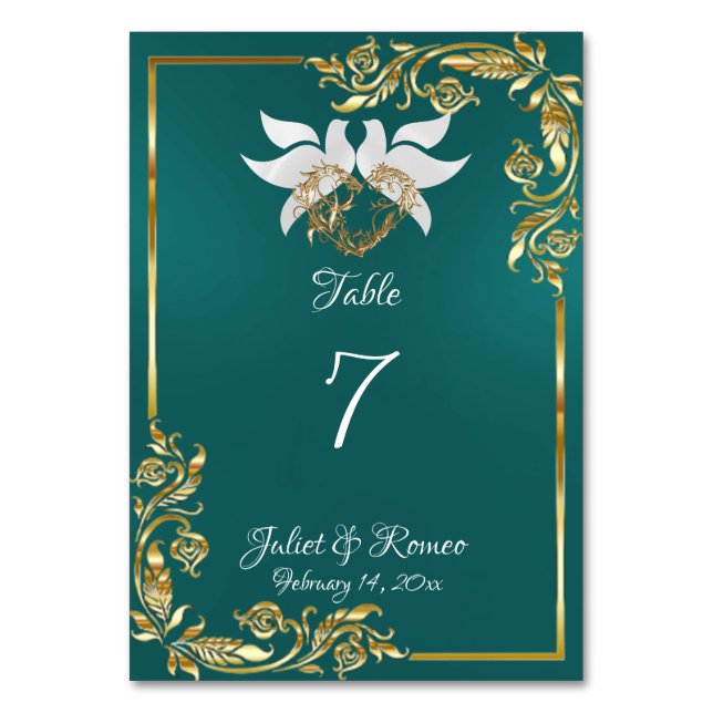 Doves, Heart & Gold Frame on Teal Table Number (Front)