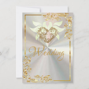 Doves, Heart & Gold Frame on White Pearl Invitation