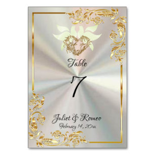 Doves, Heart & Gold Frame on White Pearl Table Number