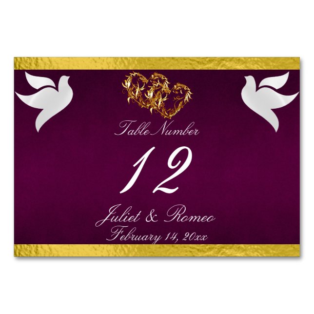 Doves & Heart - Purple/Gold Table Number (Front)