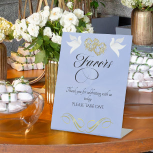 Doves & Hearts Favours - Blue Pearl/Gold Pedestal Sign