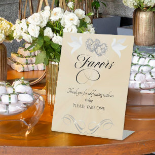 Doves & Hearts Favours - Peach Pearl/Silver Pedestal Sign