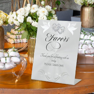 Doves & Hearts Favours - White Pearl/Silver Pedestal Sign