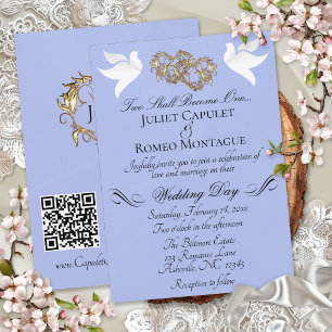 Doves, Hearts, QR Code - Blue Pearl/Gold Invitation