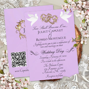 Doves, Hearts, QR Code - Lavender Pearl/Gold Invitation