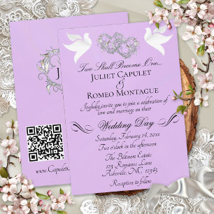Doves, Hearts, QR Code - Lavender Pearl/Silver Invitation