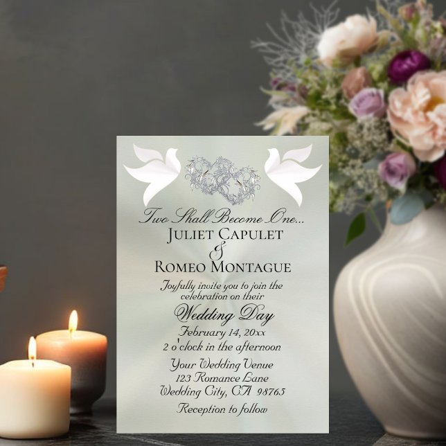 Doves, Hearts, QR Code - Pastel Sage/Silver Invitation (Creator Uploaded)