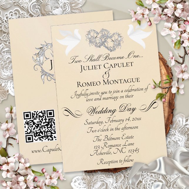 Doves, Hearts, QR Code - Peach Pearl/Silver Invitation (Creator Uploaded)