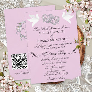 Doves, Hearts, QR Code - Pink Pearl/Silver Invitation