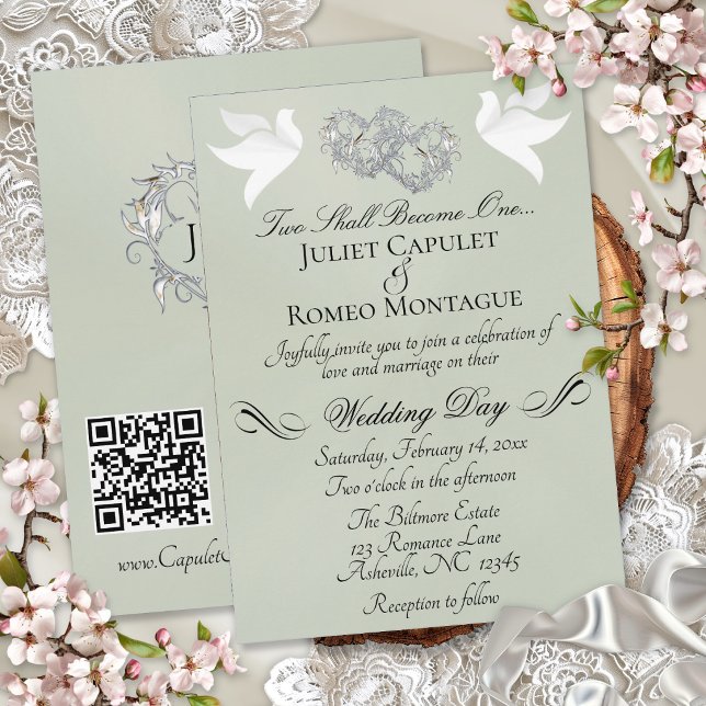 Doves, Hearts, QR Code - Sage Pearl/Silver Invitation (Creator Uploaded)