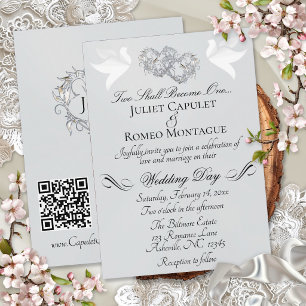 Doves, Hearts, QR Code - Silver Pearl/Silver Invitation