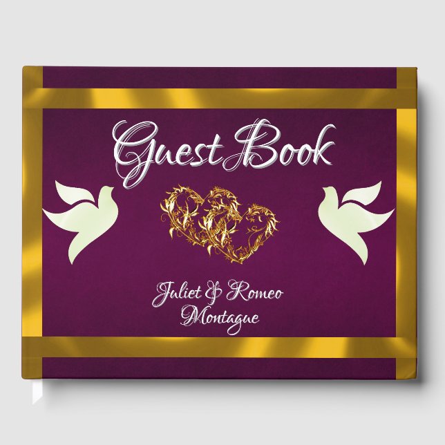 Doves, Hearts & Ribbon - Purple/Gold Guest Book (Front)