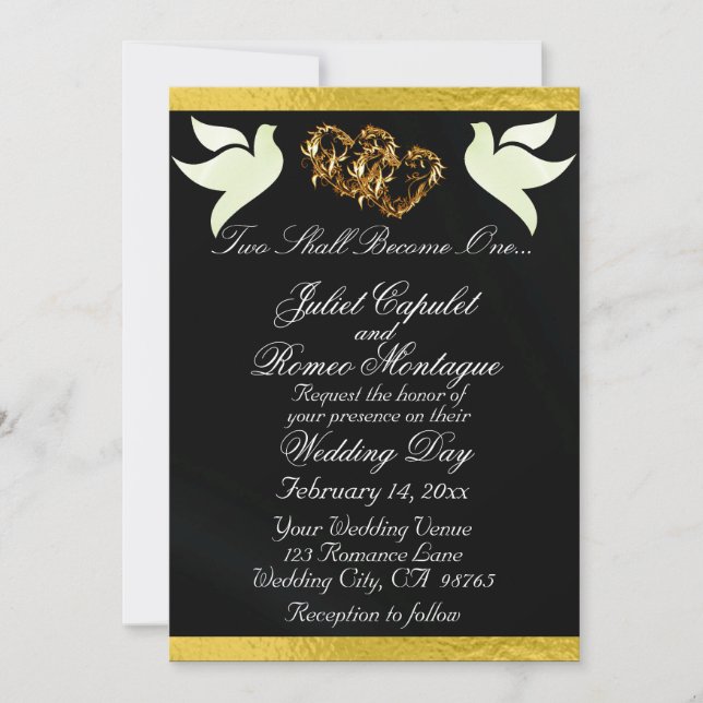 Doves, Hearts & Ribbon, QR Code - Black/Gold Invitation (Front)