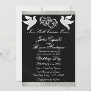 Doves, Hearts & Ribbon, QR Code - Black/Silver Invitation