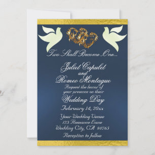 Doves, Hearts & Ribbon, QR Code - Blue/Gold Invitation