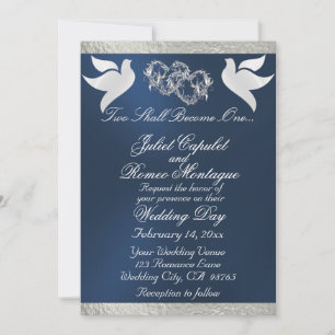 Doves, Hearts & Ribbon, QR Code - Blue/Silver Invitation