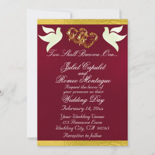 Doves, Hearts & Ribbon, QR Code - Burgundy/Gold Invitation