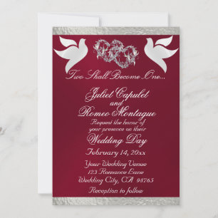 Doves, Hearts & Ribbon, QR Code - Burgundy/Silver Invitation