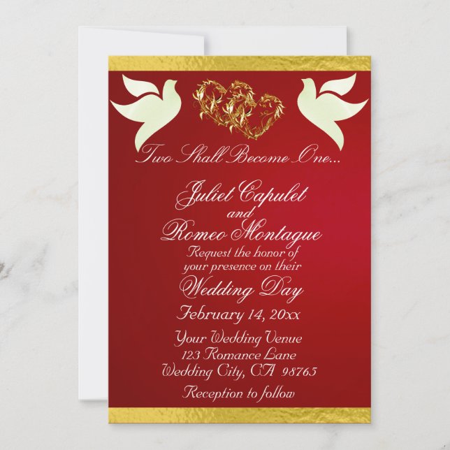 Doves, Hearts & Ribbon, QR Code - Crimson/Gold Invitation (Front)