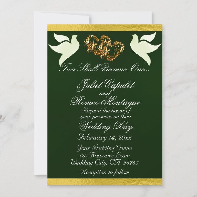 Doves, Hearts & Ribbon, QR Code - Emerald/Gold Invitation (Front)